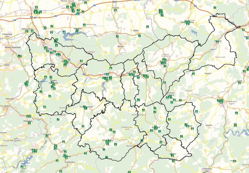 Darstellung der Kartenanwendung zu den E-Ladestationen im Hochsauerlandkreis