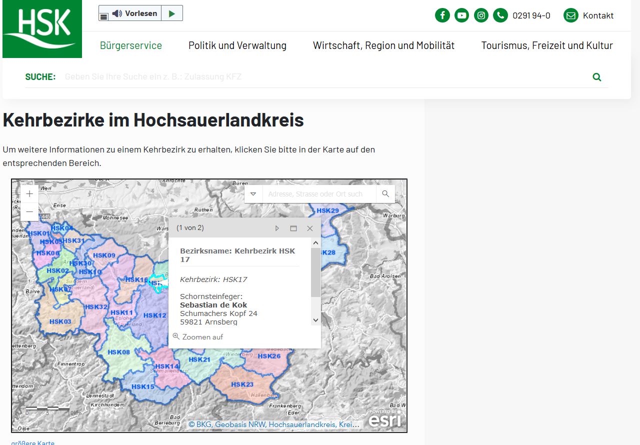 Der Kehrbezirk HSK 17 umfasst den östlichen Teil der Stadt Meschede und die Ortsteile Heinrichsthal und Wehrstapel. 